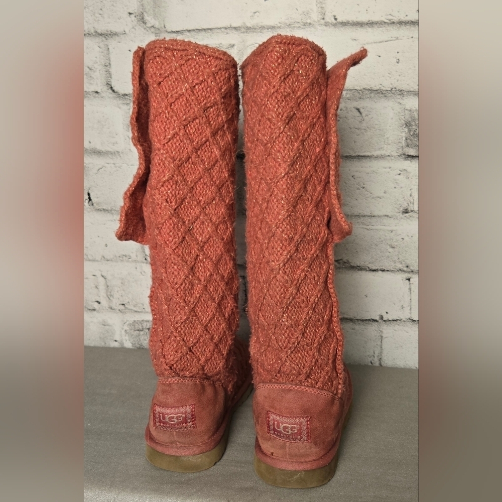 UGG Australia Classic Cardy Knit Button Boots Coral Orange Tall Size 8 - Picture 6 of 11